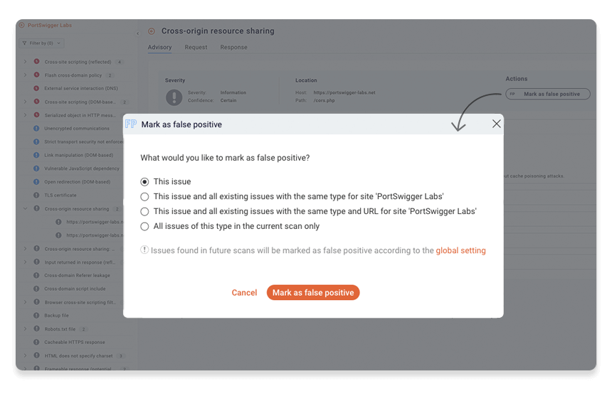Marking an issue as a false positive in Burp Suite DAST