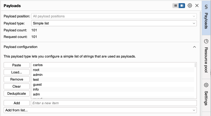 The payload sets loaded with usernames